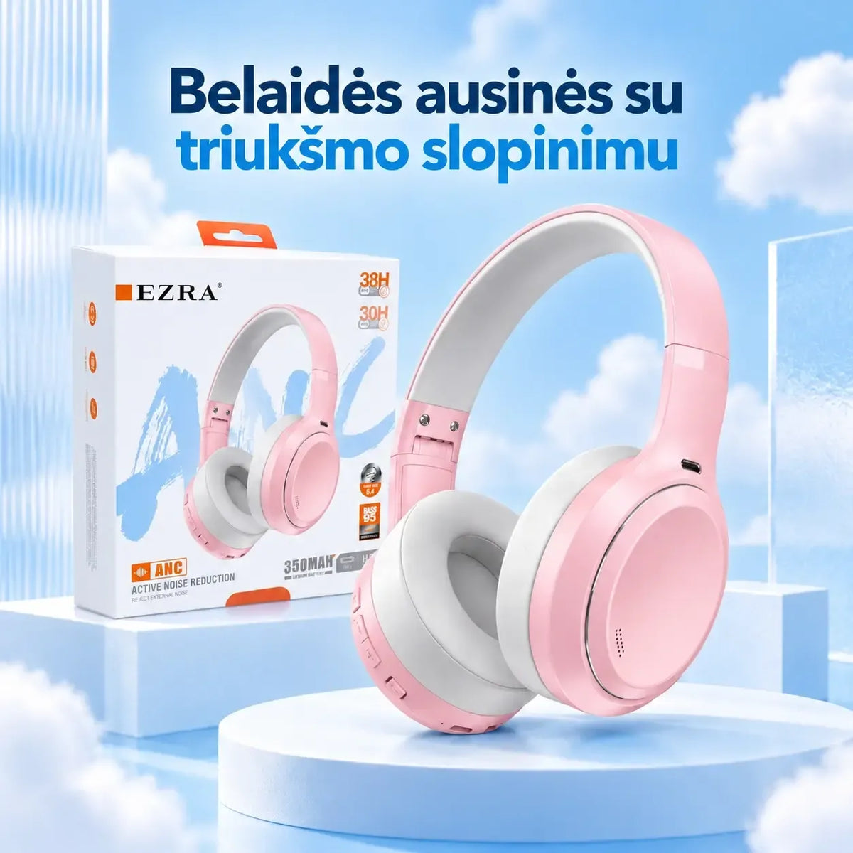 EZRA BW95 rozā bezvadu austiņas ar aktīvo trokšņu slāpēšanu