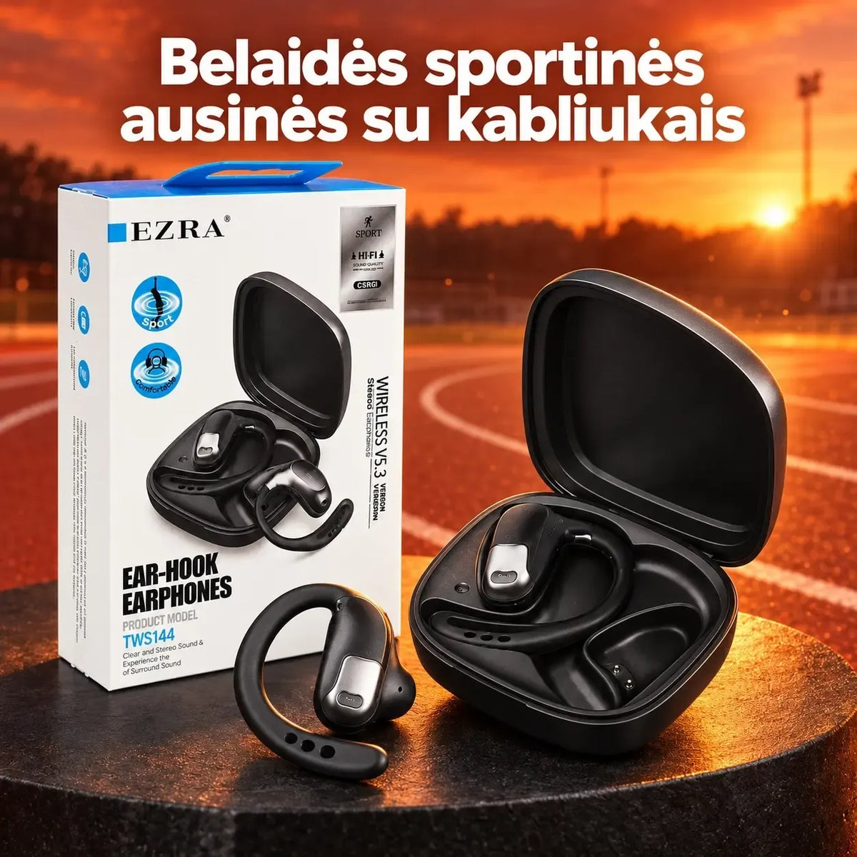 Belaidės ausinės EZRA TWS143 su įkrovimo dėklu, baltos spalvos, matomos ausinės ir įkrovimo dėklo išvaizda