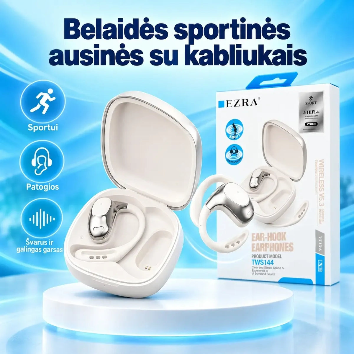 Belaidės ausinės EZRA TWS143 su įkrovimo dėklu, juodos spalvos, rodomas ausinių ir dėklo dizainas.