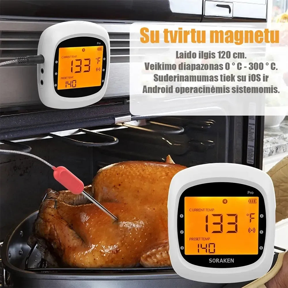 Belaidis išmanusis BBQ termometras Easy BBQ Pro matuojantis mėsos temperatūrą lauke ir virtuvėje.