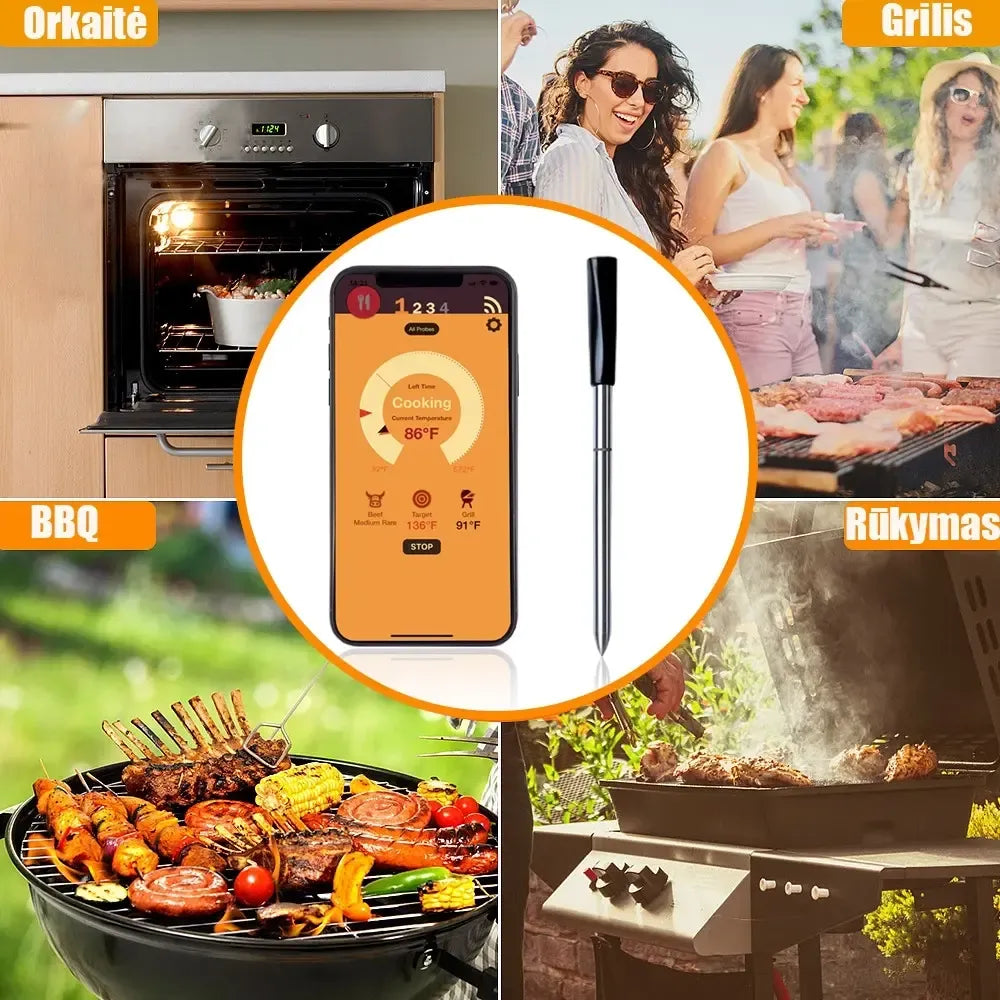 Belaidis išmanusis BBQ termometras TR454A su Bluetooth ryšiu matuoja temperatūrą, rodomą išmaniajame įrenginyje.