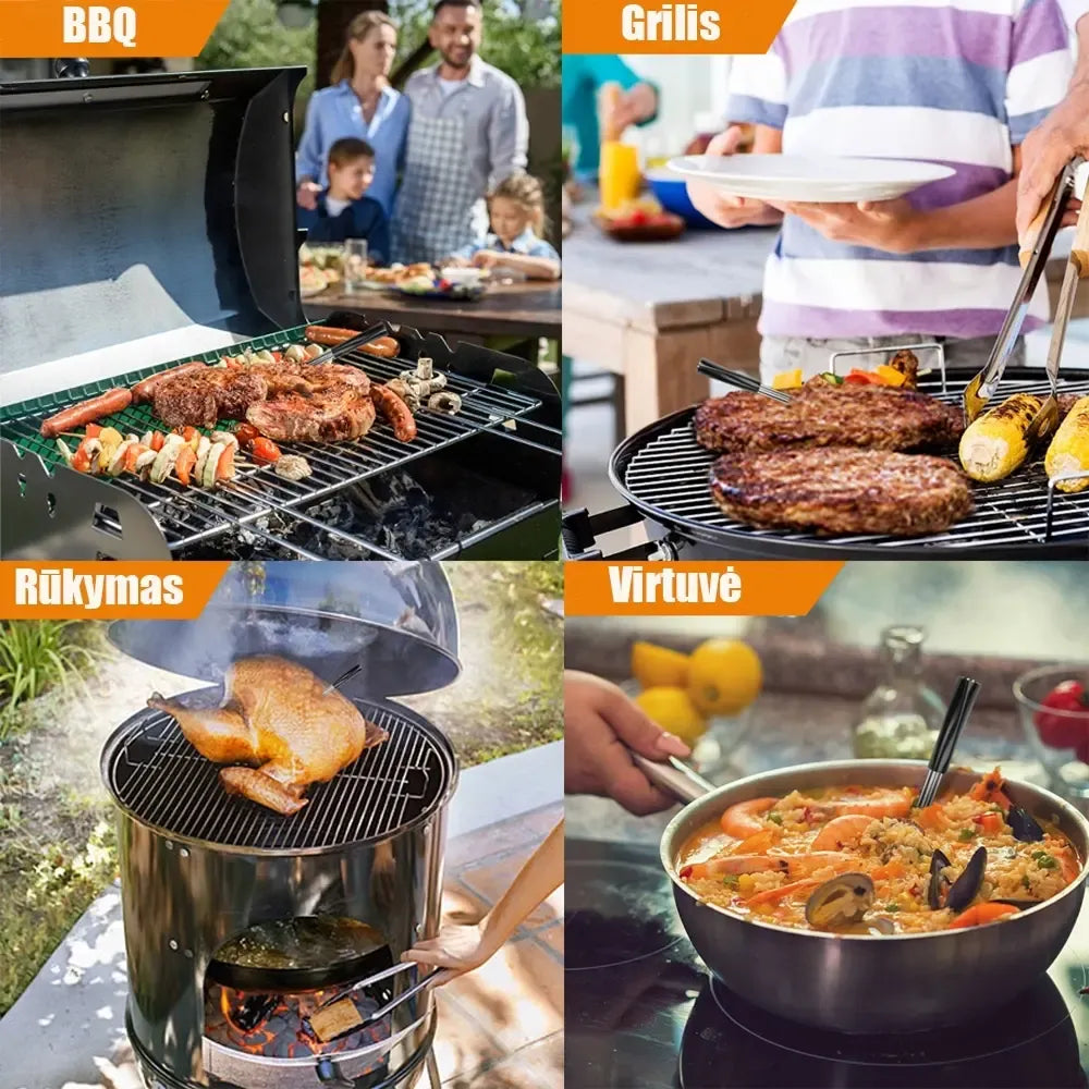 Belaidis išmanusis BBQ termometras TR454A su Bluetooth ryšiu matuoja mėsos temperatūrą, matomas ekranas ir jungtis.