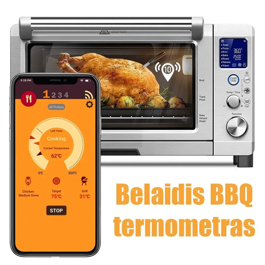 Belaidis išmanusis BBQ termometras TR454A su „Bluetooth“ ryšiu matuoja mėsos temperatūrą, juodas ir kompaktiškas, su ekranas.