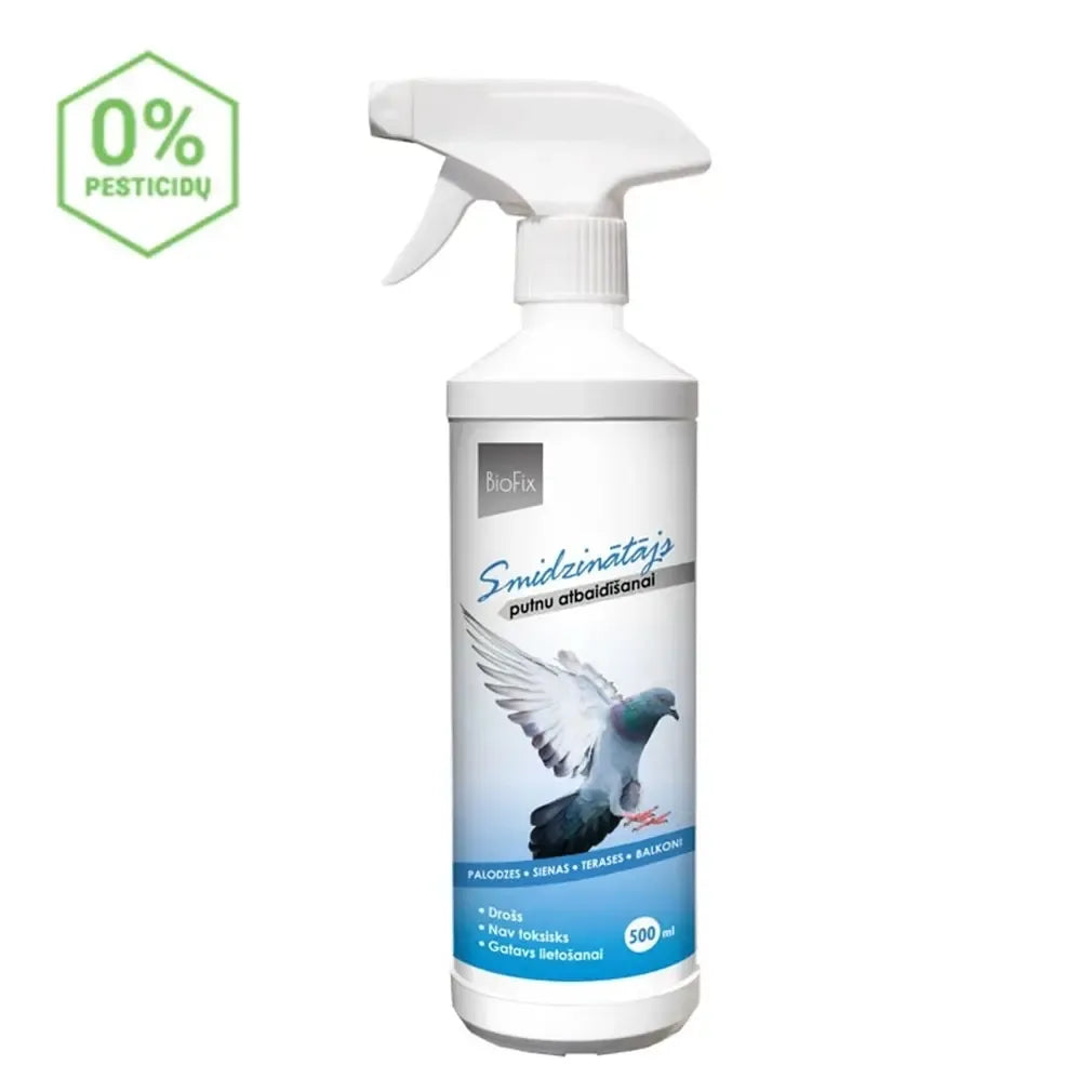 Purškiama paukščių baidyklė BIOFIX BIRD STOP, 500 ml, skirta atbaidyti paukščius, matomas purškimo butelis ir etikete.