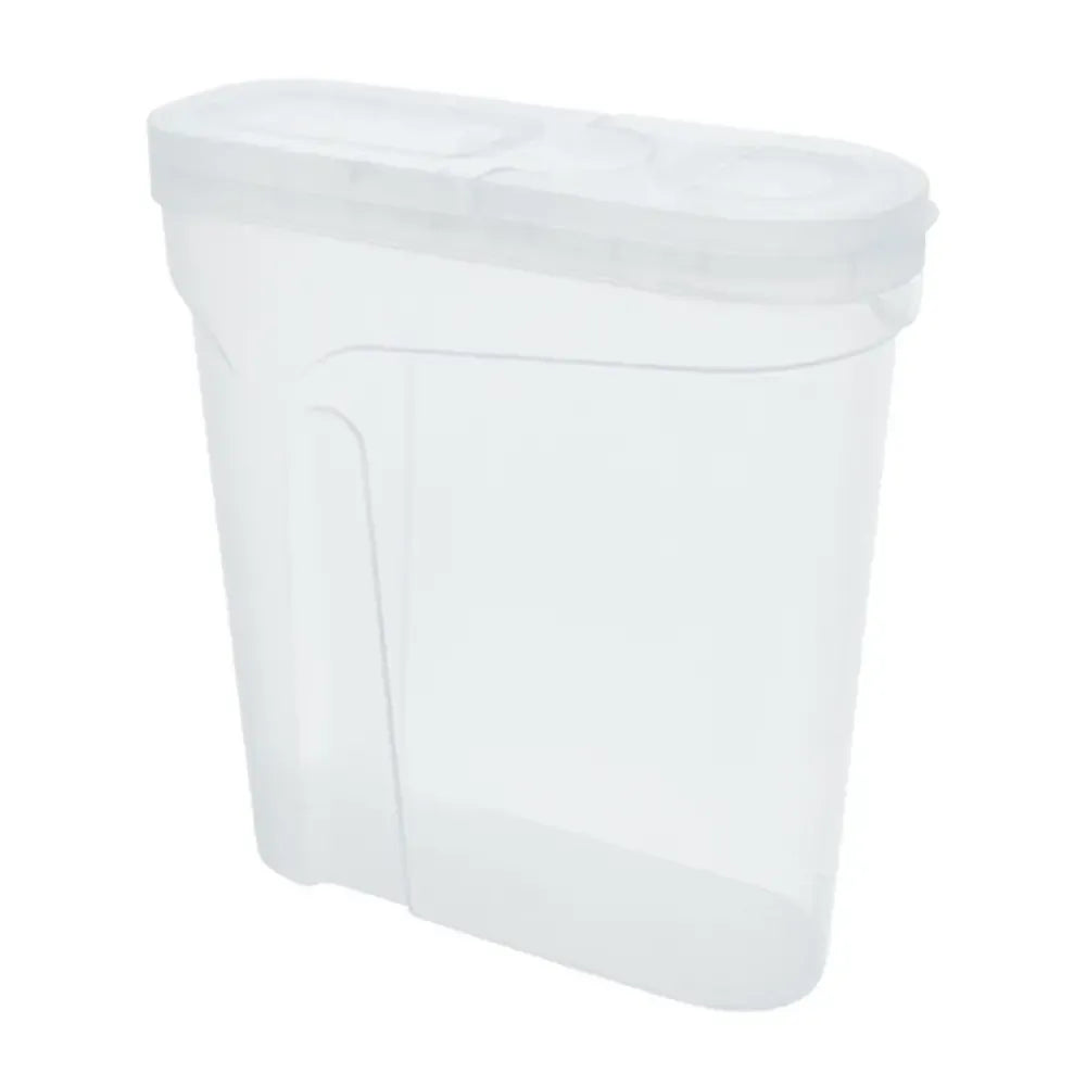 Stilingas ir praktiškas plastikinis birių produktų indas su 2,4L talpa, patogus maisto dozatorius.