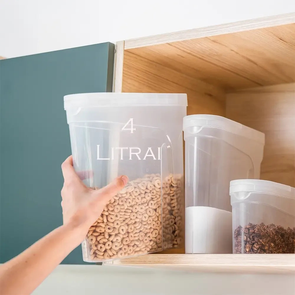 4 litrų sausų produktų dozatorius - plastikinis birių produktų indas su matavimo skale, tinkamas sandėliavimui ir dozavimui