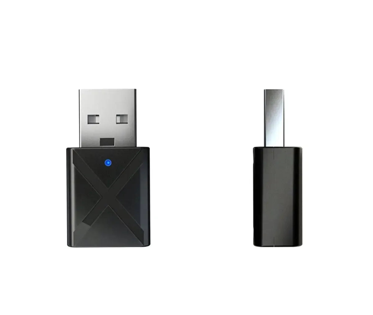 Bluetooth garso siųstuvas ir imtuvas 2-in-1 adapteris, sidabrinio dizaino, su jungtimis ir mygtukais, skirta belaidžiam garso perdavimui