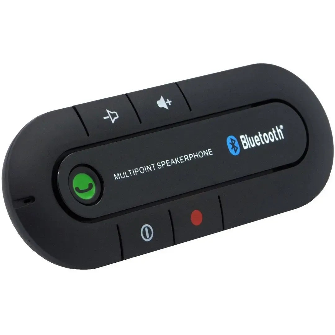 Bluetooth laisvų rankų įranga automobiliui, juoda belaidė ausinė su mikrofonu ir valdymo mygtukais.