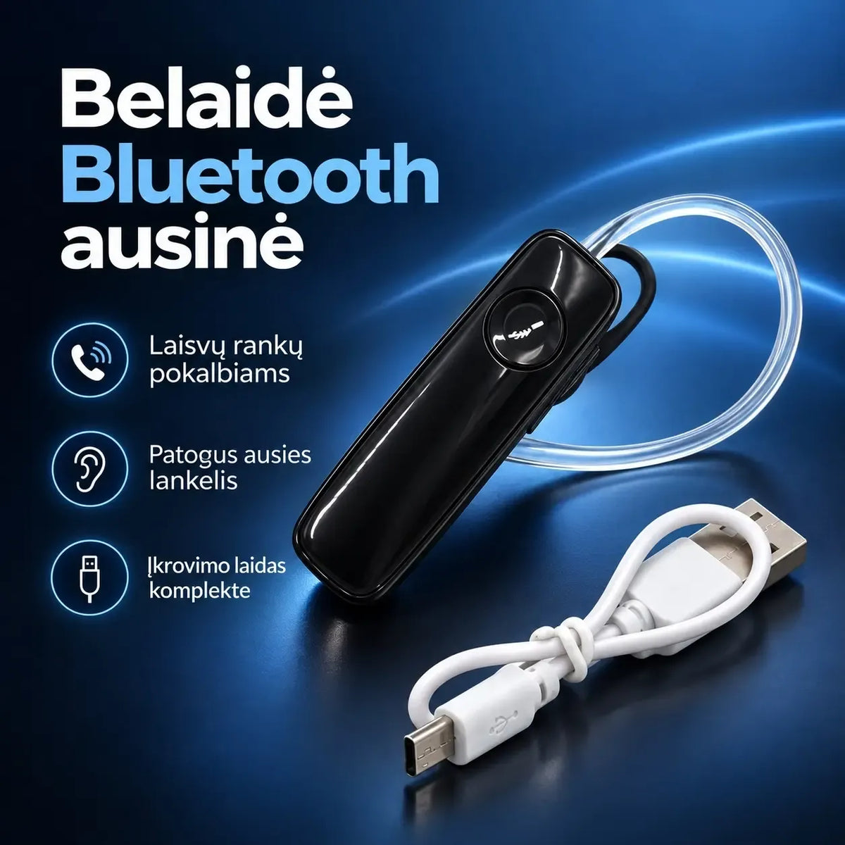 Bluetooth laisvų rankų įranga TR2481, juoda, su lankeliu ir mikrofonu, skirta patogiam pokalbių ir muzikos klausymui.