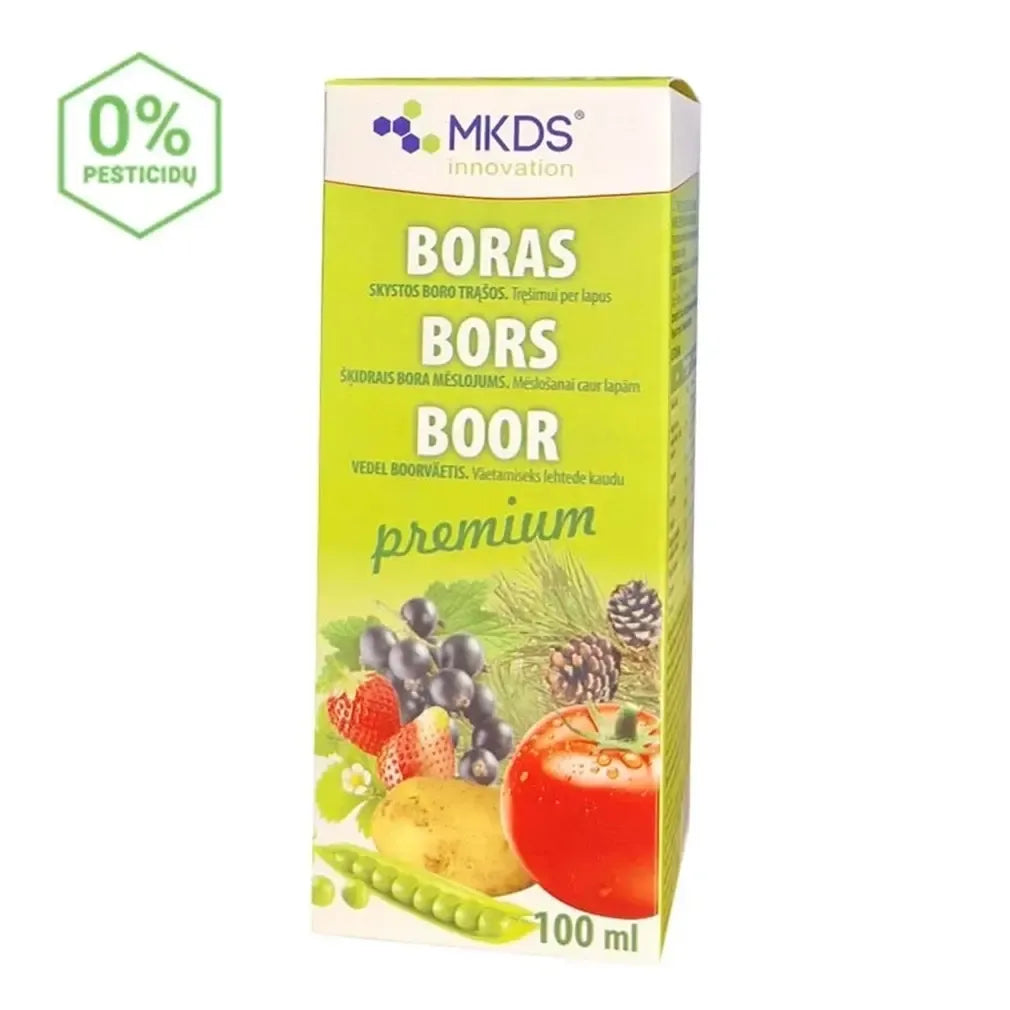 Boro trąšos, 100 ml, skaidrus skardinė su skysčiu, naudojamos augalų tręšimui ir geresniam augimui.