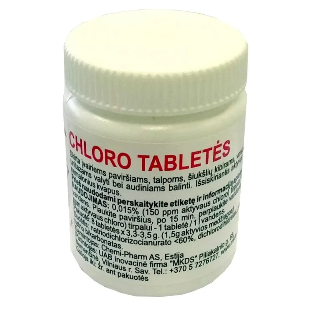 Chloro tabletės dezinfekcijai, 8 vnt., balkšvos spalvos, pakuotėje, skirtos sterilizacijai ir dezinfekcijai naudoti.