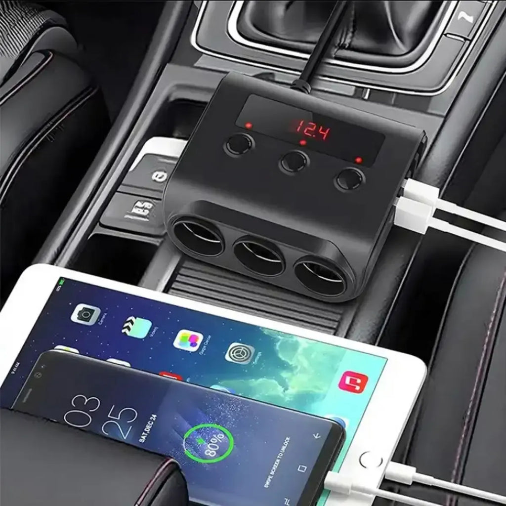Automobilinis 12V cigarečių degiklio skirstytuvas su 3 lizdais ir 4 USB jungtimis, patogus automobilių įkrovimui ir dalijimuisi energija