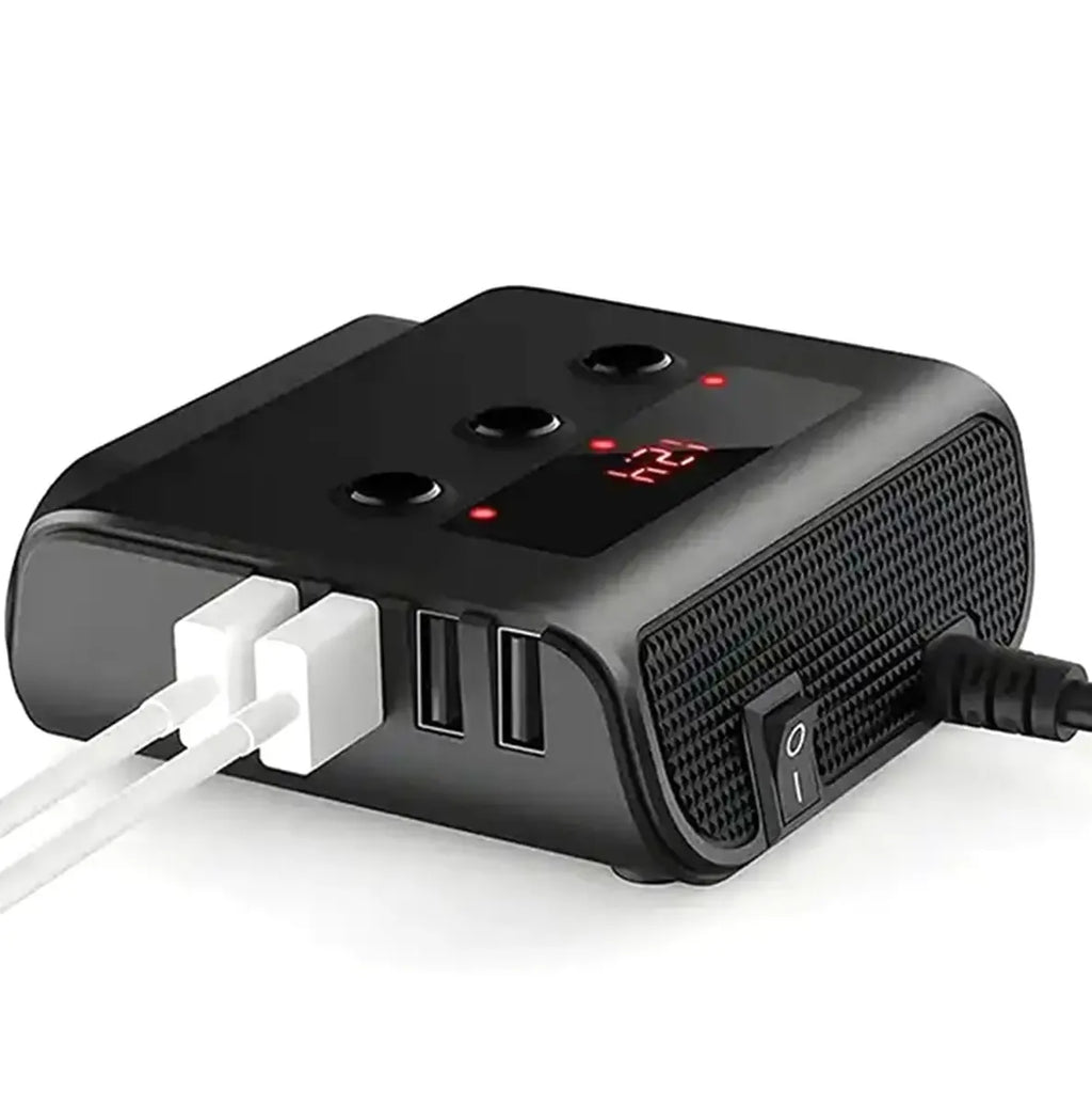 Automobilinis 12V cigarečių degiklio skirstytuvas su 3 lizdais ir 4 USB jungtimis, tinkamas automobilių įkrovimui ir prietaisų įkrovimui.