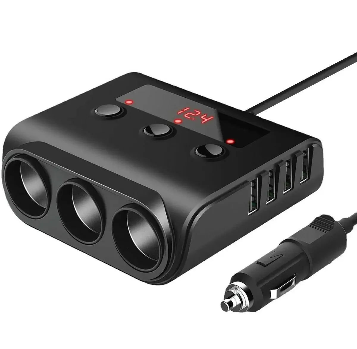 Automobilinis 12V cigarečių degiklio skirstytuvas su 3 lizdais ir 4 USB jungtimis, juodas, modernus ir praktinis automobiliui.