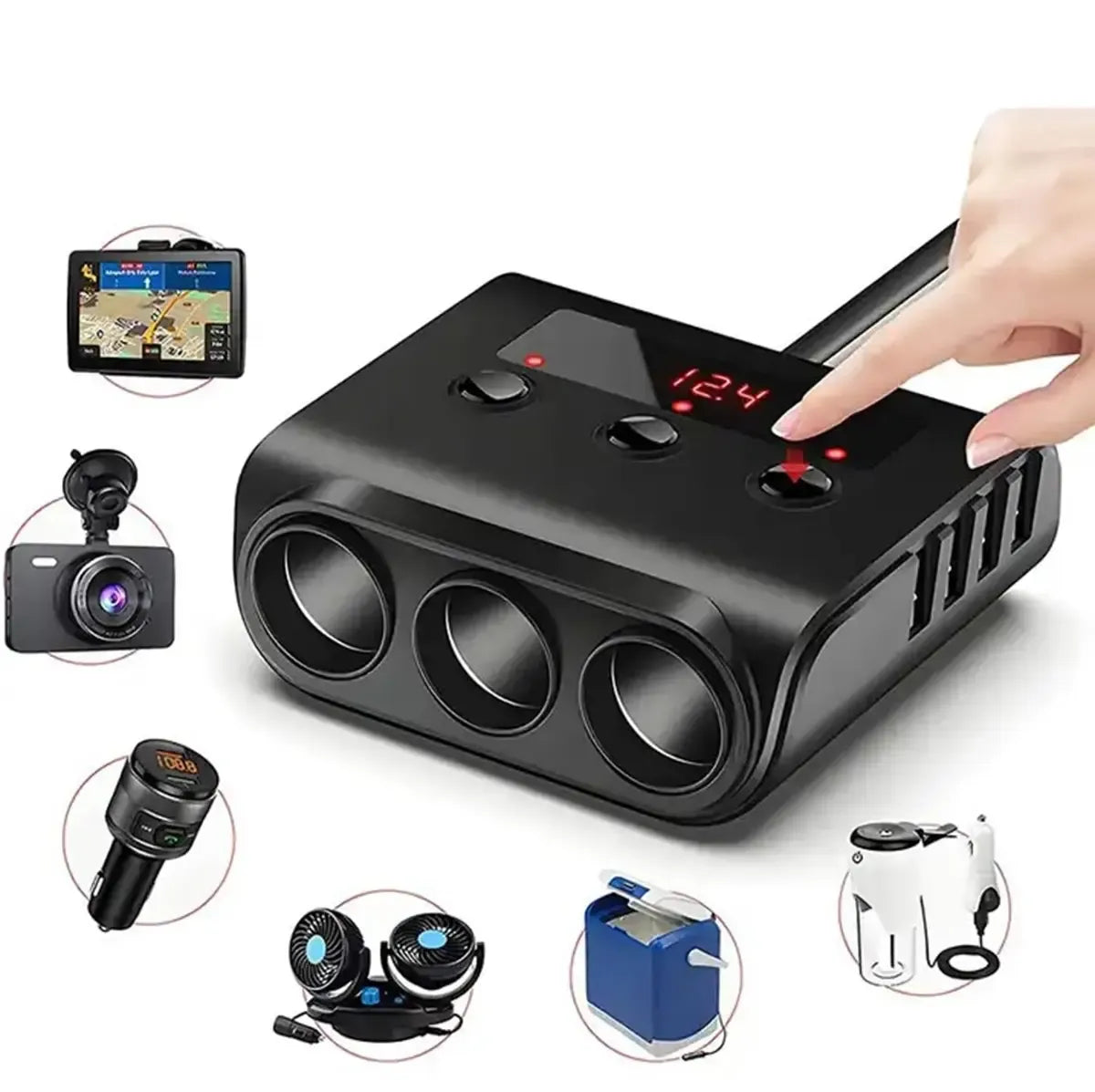 Automobilinis 12V cigarečių degiklio skirstytuvas su 3 lizdais ir 4 USB jungtimis, patogus automobiliui įkrovimo sprendimas.