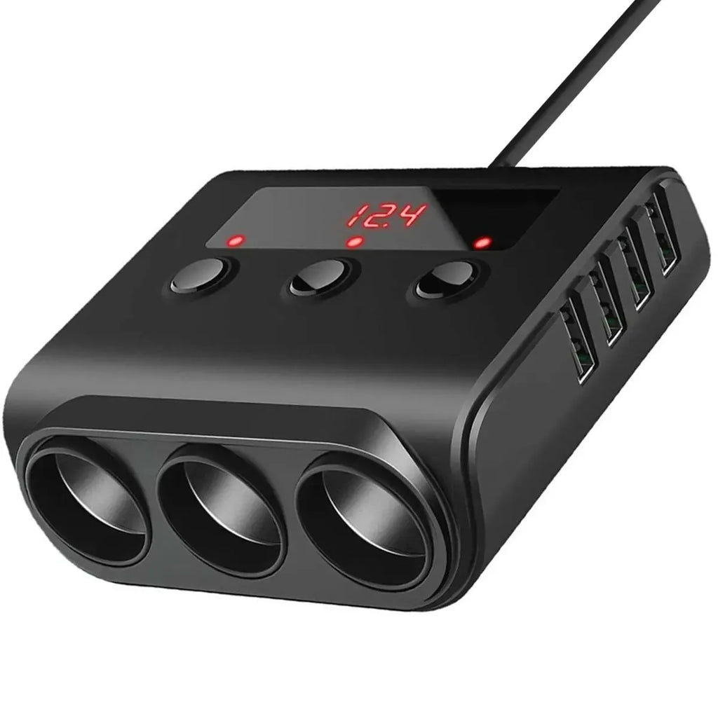 Automobilinis 12V cigarečių degiklio skirstytuvas su 3 lizdais ir 4 USB jungtimis, praktiškas automobiliui naudoti.