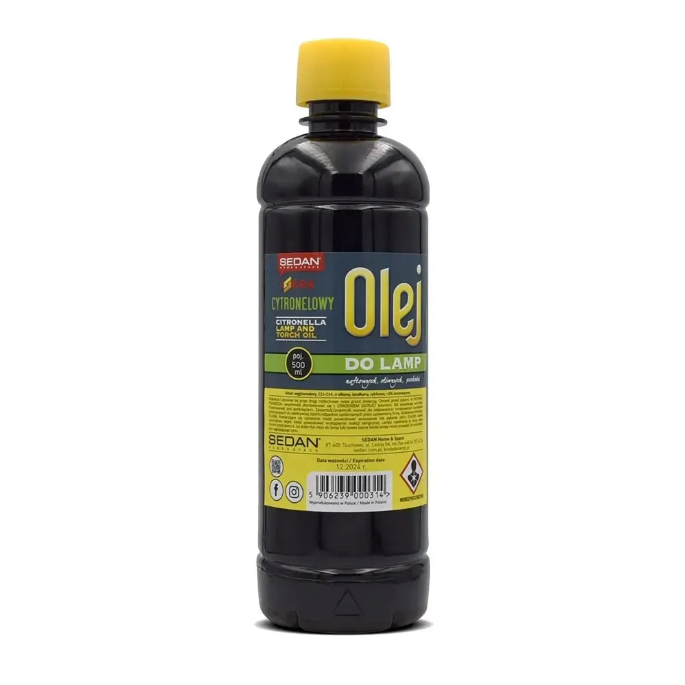 Citrinų kvapo aliejus lempoms ir fakelams, 500 ml, aiškiai matomas skaidrus buteliukas su citrinos aromato etiketėmis.