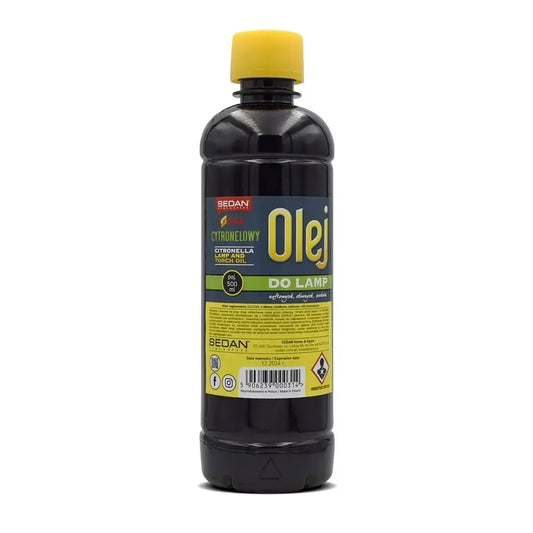 Citrinų kvapo aliejus lempoms ir fakelams, 500 ml, aiškiai matomas skaidrus buteliukas su citrinos aromato etiketėmis.
