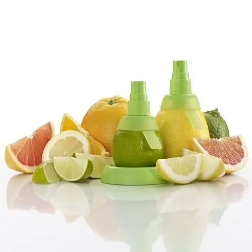 Citrusinių vaisių sulčių purkštukų komplektas, sidabro spalvos, su rankena ir purkštukais citrusų sultims spausti.