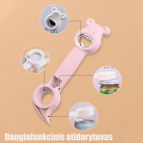 Daugiafunkcinis 4 viename butelių ir stiklainių atidarytuvas, metalinis ir plastikinis, patogus naudoti virtuvėje.