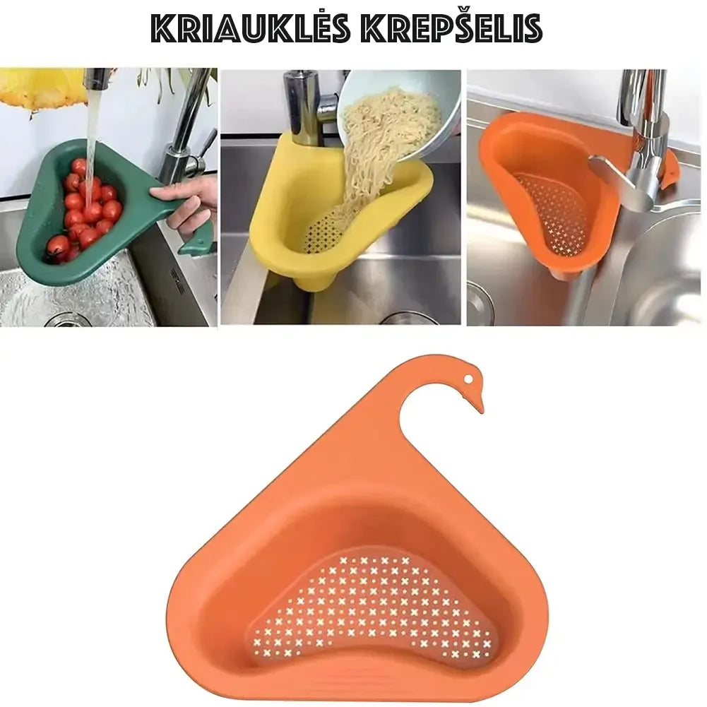 Daugiafunkcinis kampinis kriauklės krepšelis virtuvei, tinkamas laikyti indus ir virtuvės reikmenis, pagamintas iš plastiko.