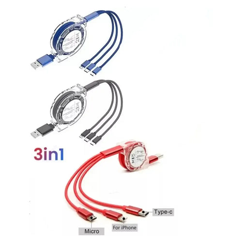 Daugiafunkcinis 3-in1 USB laidas ištraukiamas, 120 cm ilgio, tinkamas įkrovimui ir duomenų perdavimui, juodas.