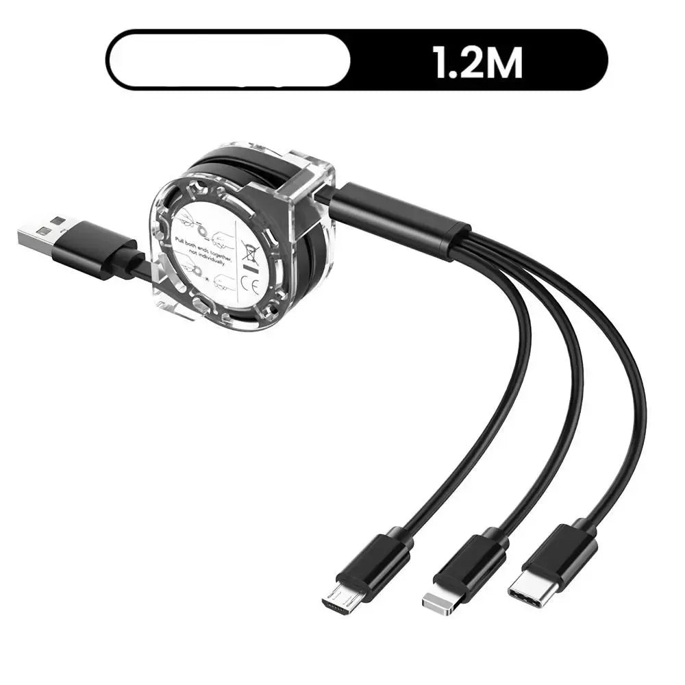Daugiafunkcinis ištraukiamas USB laidas 3-in-1, 120 cm, su skirtingais jungtimis, naudojamas įkrovimui ir duomenų perdavimui