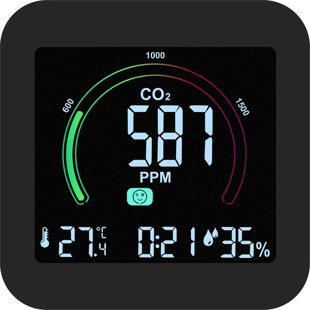 Daugiafunkcis oro kokybės jutiklis su CO2, temperatūros ir drėgmės matuokliu, matomas įrenginys su ekranas ir jutiklių bandymų pultelis.