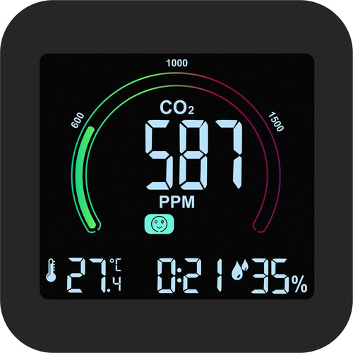 Daugiafunkcis oro kokybės jutiklis su CO2, temperatūros ir drėgmės matuokliu, matomas įrenginys su ekranas ir jutiklių bandymų pultelis.