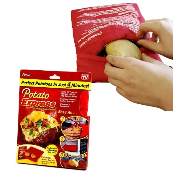 Daugkartinio naudojimo bulvių kepimo maišelis „Potato Express“ su matmenimis ir tekstūra, skirtas patogiam kepimui orkaitėje.
