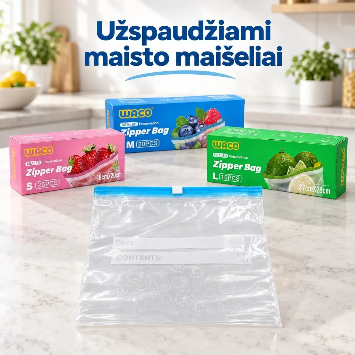 Daugkartinio naudojimo užspaudžiami maišeliai 27 × 28 cm, 15 vnt. sandarūs ir patvarūs maisto laikymui.
