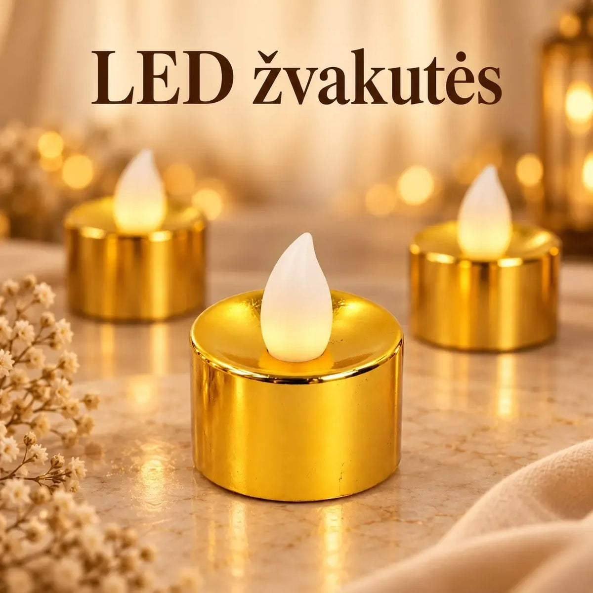 Aukso spalvos dekoratyvinė LED žvakutė, 3,5 × 3,5 cm, elegantiškai atrodo kaip namų interjero detalė.