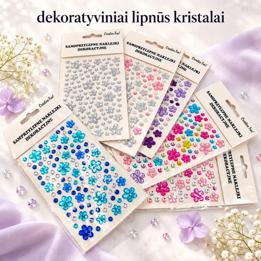 Lipnūs dekoratyviniai kristalai formos gėlytės, naudoti papuošimams ir dekoracijoms, rankų darbas, ryškios spalvos.