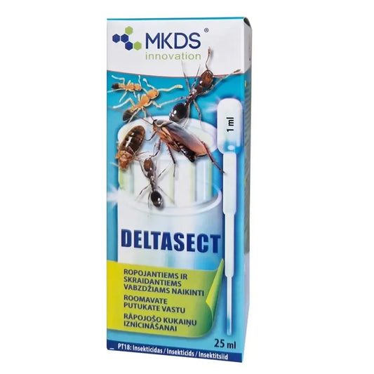 Biocidas ir insekticidas DELTASECT 25 ml, veiksmingai naikina vabzdžius, paruoštas naudoti namų ir patalpų vabzdžių kontrolei.