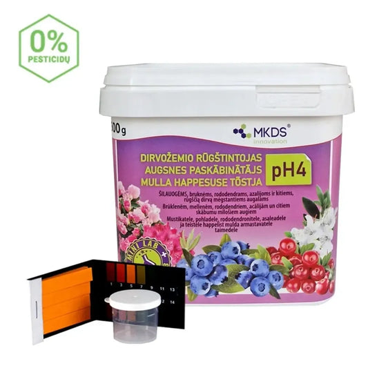 Dirvožemio rūgštintojas pH4 su mini laboratorija, 500 g, matomi mėginiai ir matavimo priemonės, skirta dirvožemio pH koregavimui
