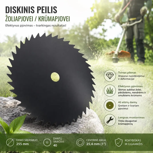 Diskinis peilis krūmapjovei 255 mm su 40 dantų, skirtas žoliapjovei, tvirtas ir aštrus žolės ir krūmų pjovimui.