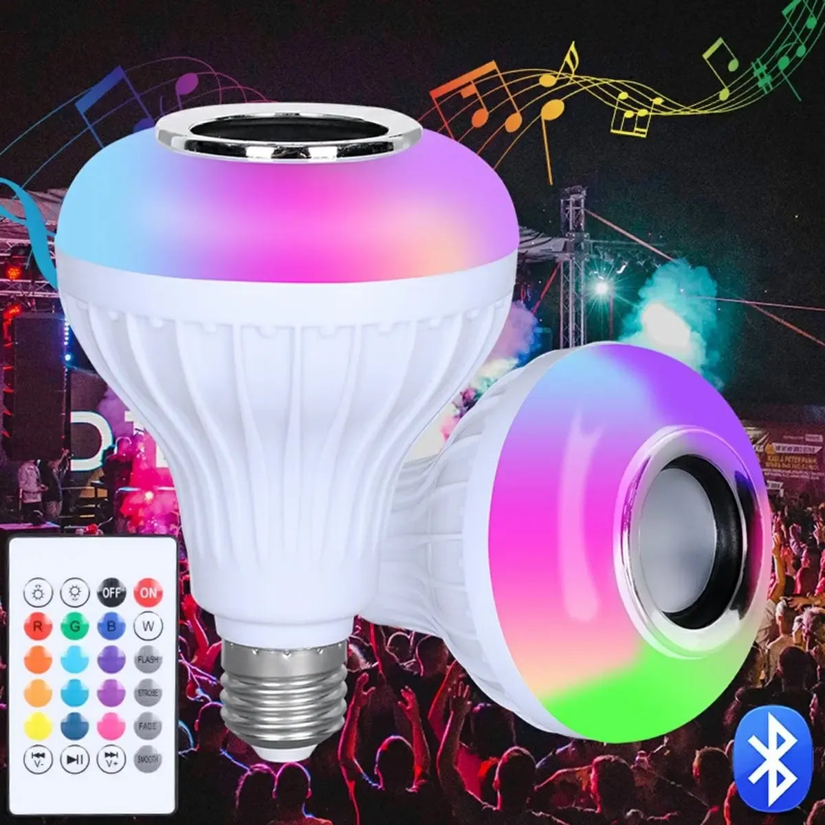 Disko LED lemputė su Bluetooth garsiakalbiu, E27 su spalvų keitimo ir muzikos klausymo funkcijomis, modernus apšvietimas.
