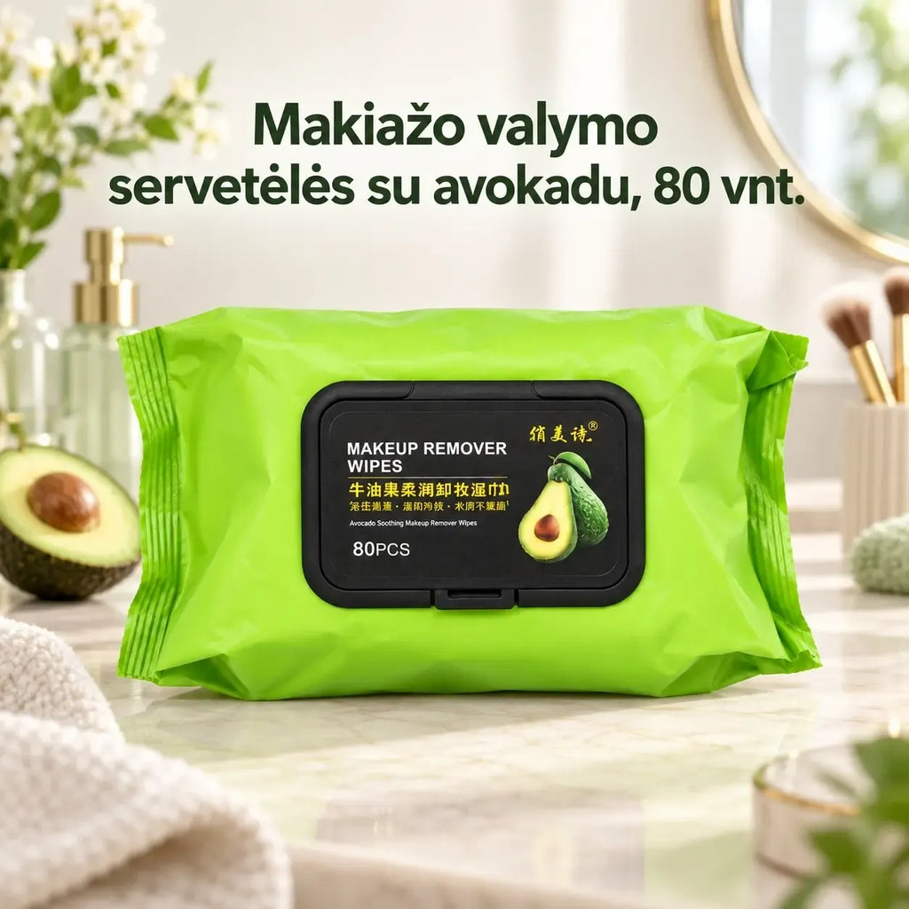 Drėgnos makiažo valymo servetėlės, 80 vnt., patogios naudoti ir švelnios odai, skirtos makiažo nuvalymui.