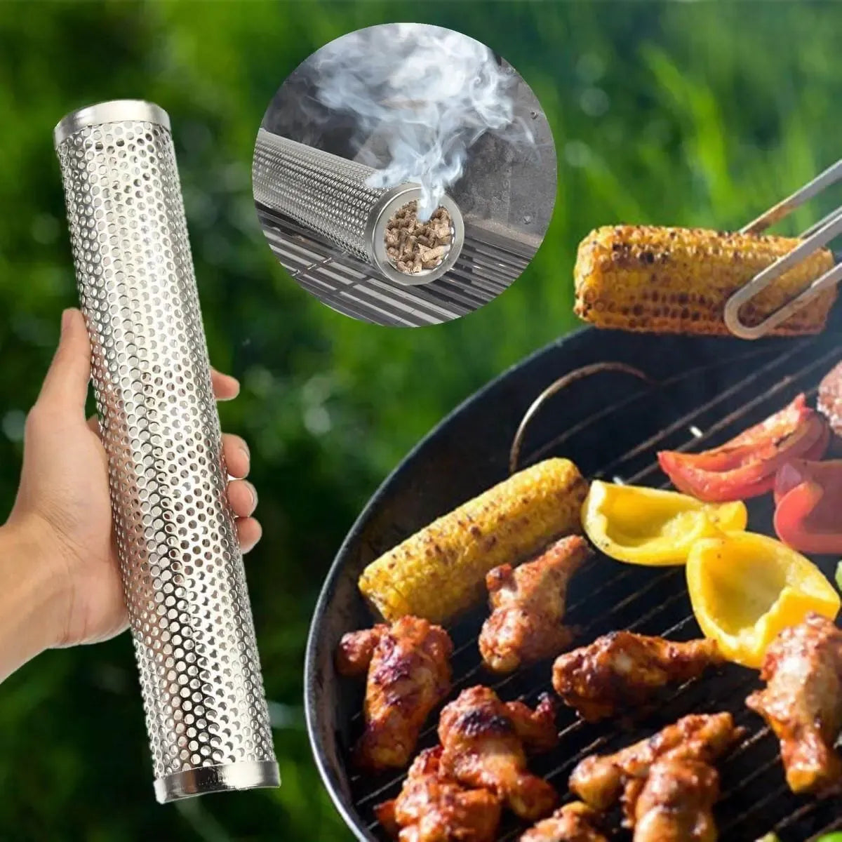 Dūmų generatorius kepsninėms „Tube Smokers“, metalinis šviesiai pilkas, skirtas dūmų gamybai ir rūkymui.