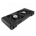 Dviejų degiklių turistinė dujinė viryklė stovyklavimui, juodos spalvos, su dviem kaitlentėmis
