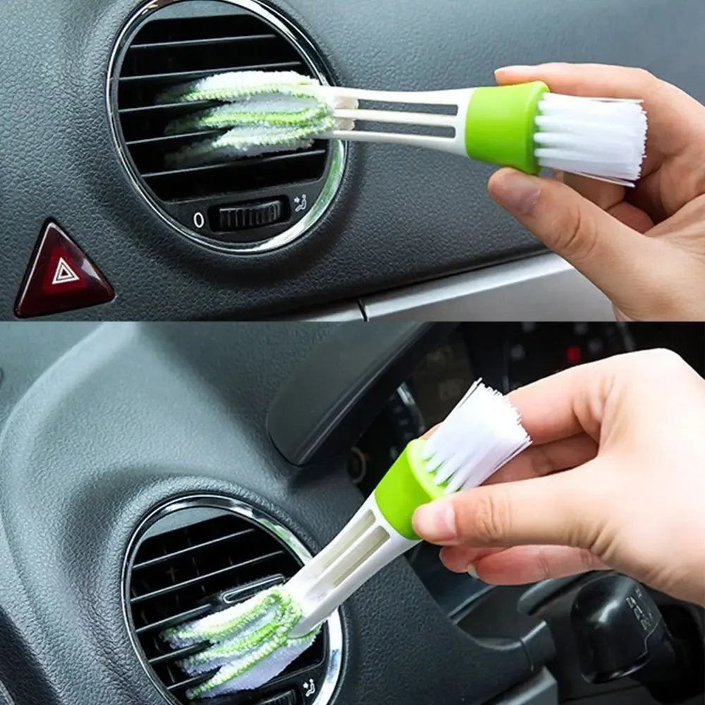 Dvigubo automobilio ventiliacijos grotelių valymo šepetėlis su dvigubais šereliais ir patogiu rankena.
