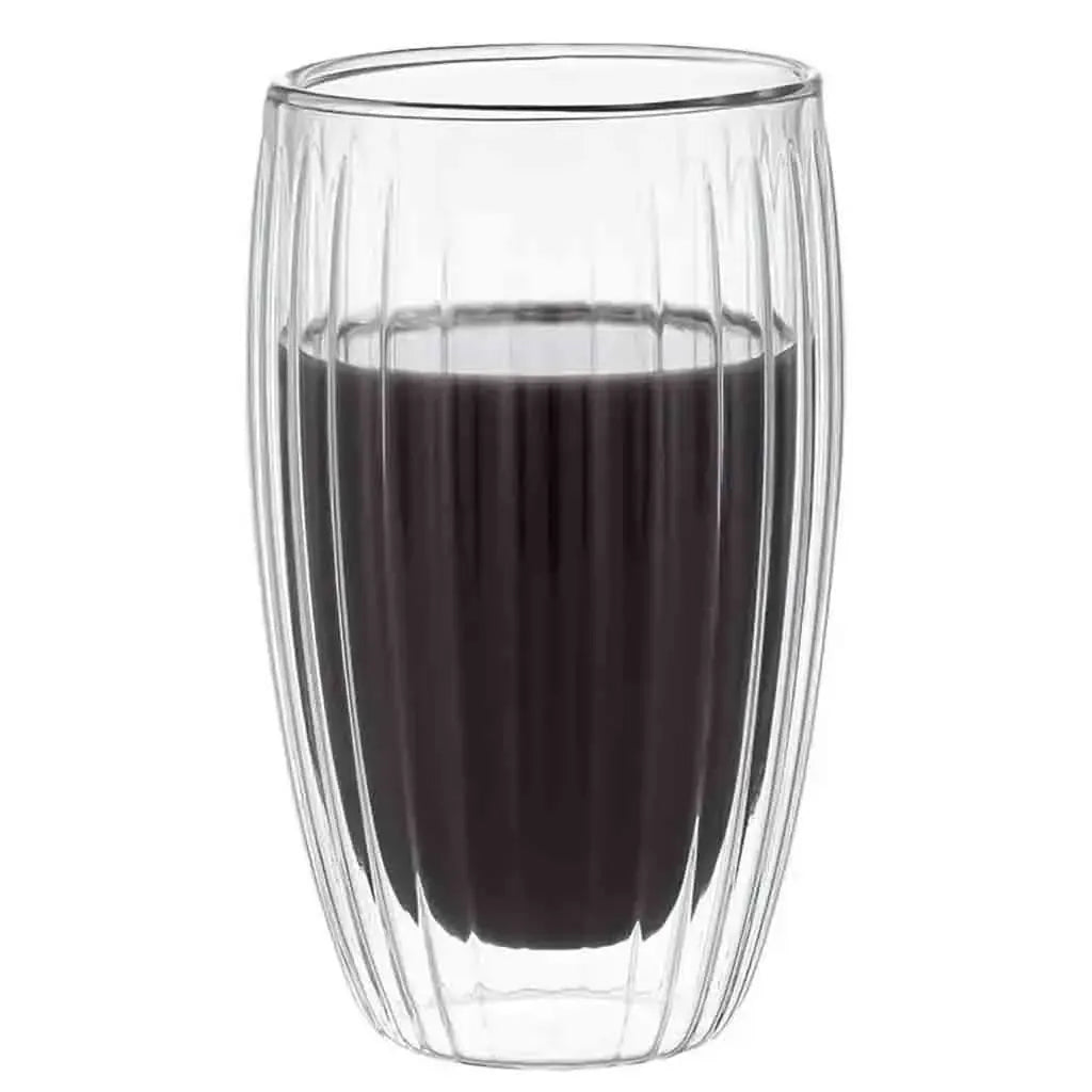 Dvigubo stiklo puodelis, 400 ml, su matiniu paviršiumi ir aiškiu stiklo dizainu, skirtas gėrimams.