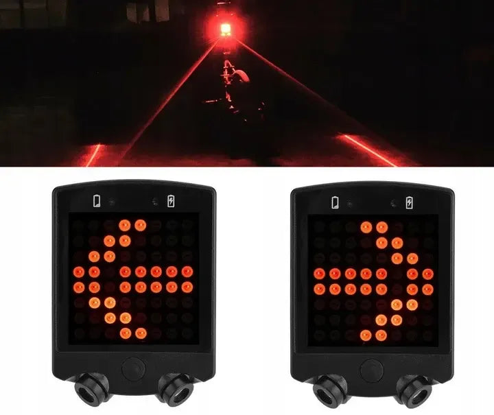 Dviračio LED žibintas su posūkių signalais ir lazeriniu atšvaitu, saugumui ir matomumui keliuose.
