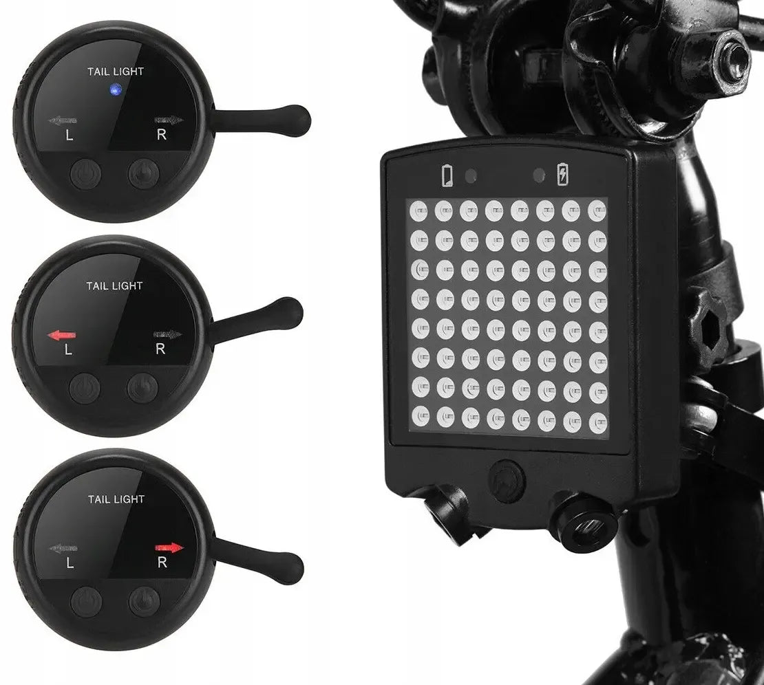 Dviračio LED žibintas su posūkių signalais ir lazeriniu atšvaitu, tvirtinamas prie dviračio vairo.