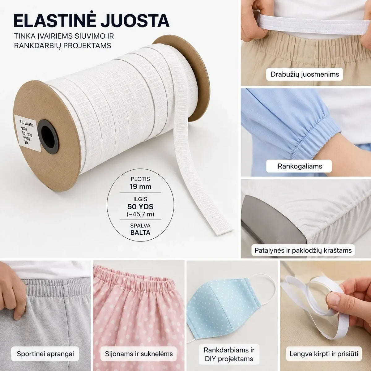 Baltos elastinės juostos siuvimui 19 mm pločio ir 45 m ilgio, tinkama siuvimo ir rankdarbių reikmėms.