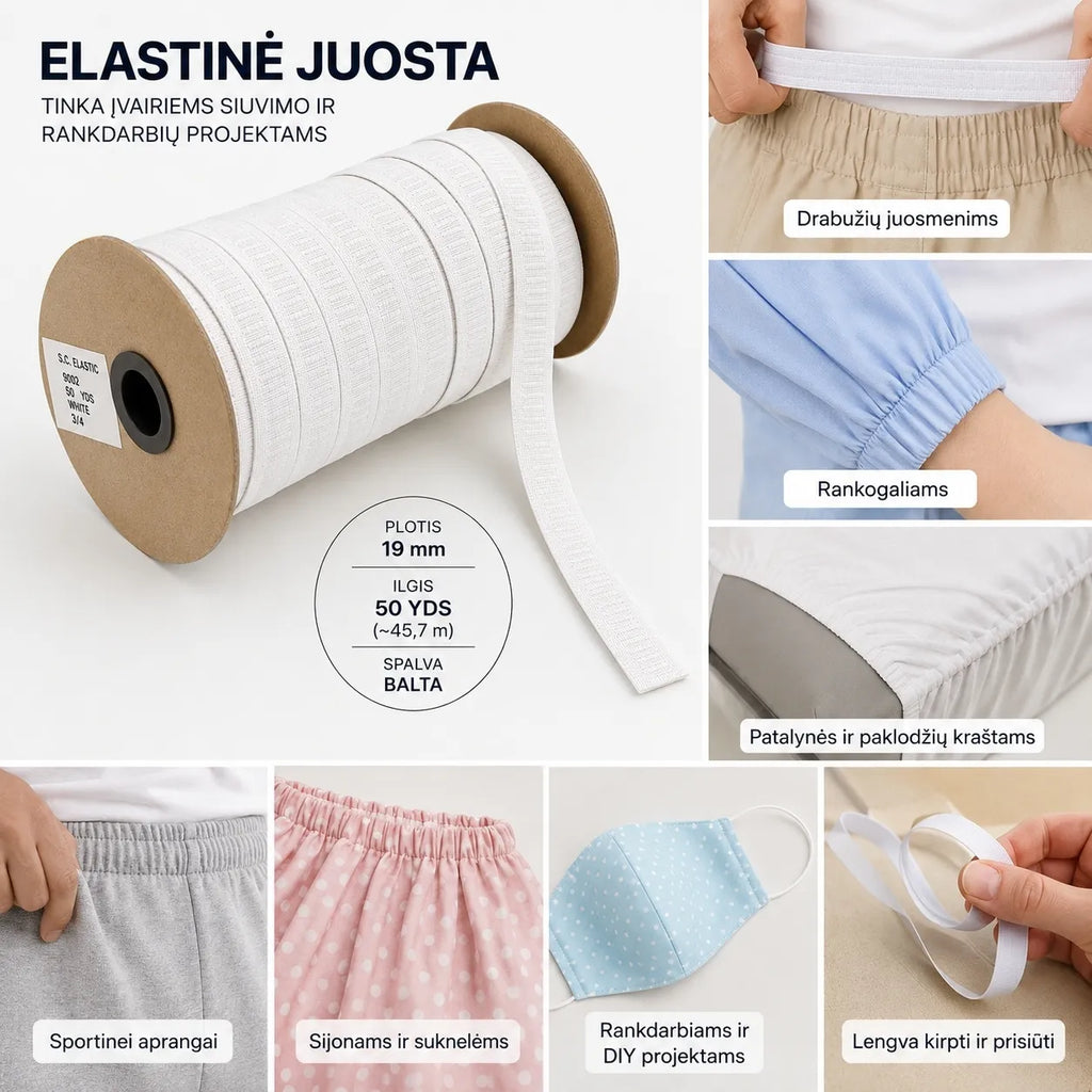 Elastinė juosta siuvimui 19 mm (45m) – balta