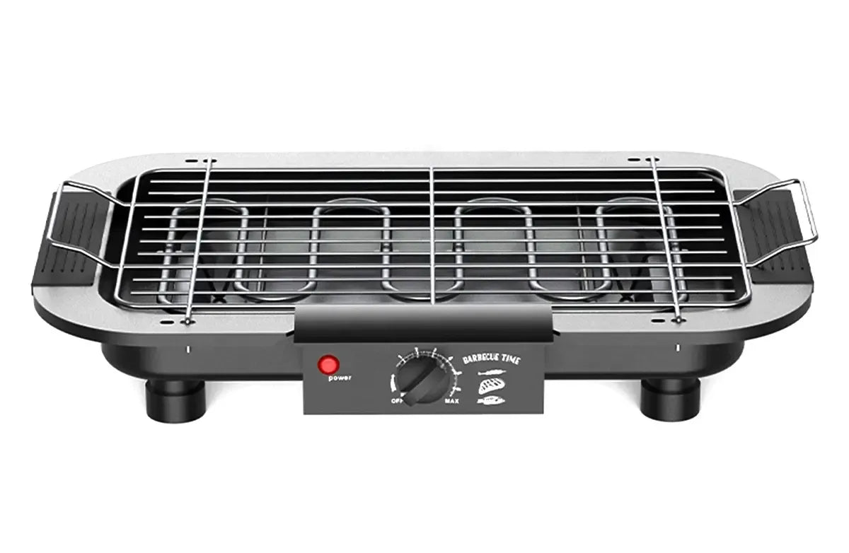 Elektrinė kepsninė su reguliuojamu temperatūros valdymu ir nerūdijančio plieno grotelių rinkinys.