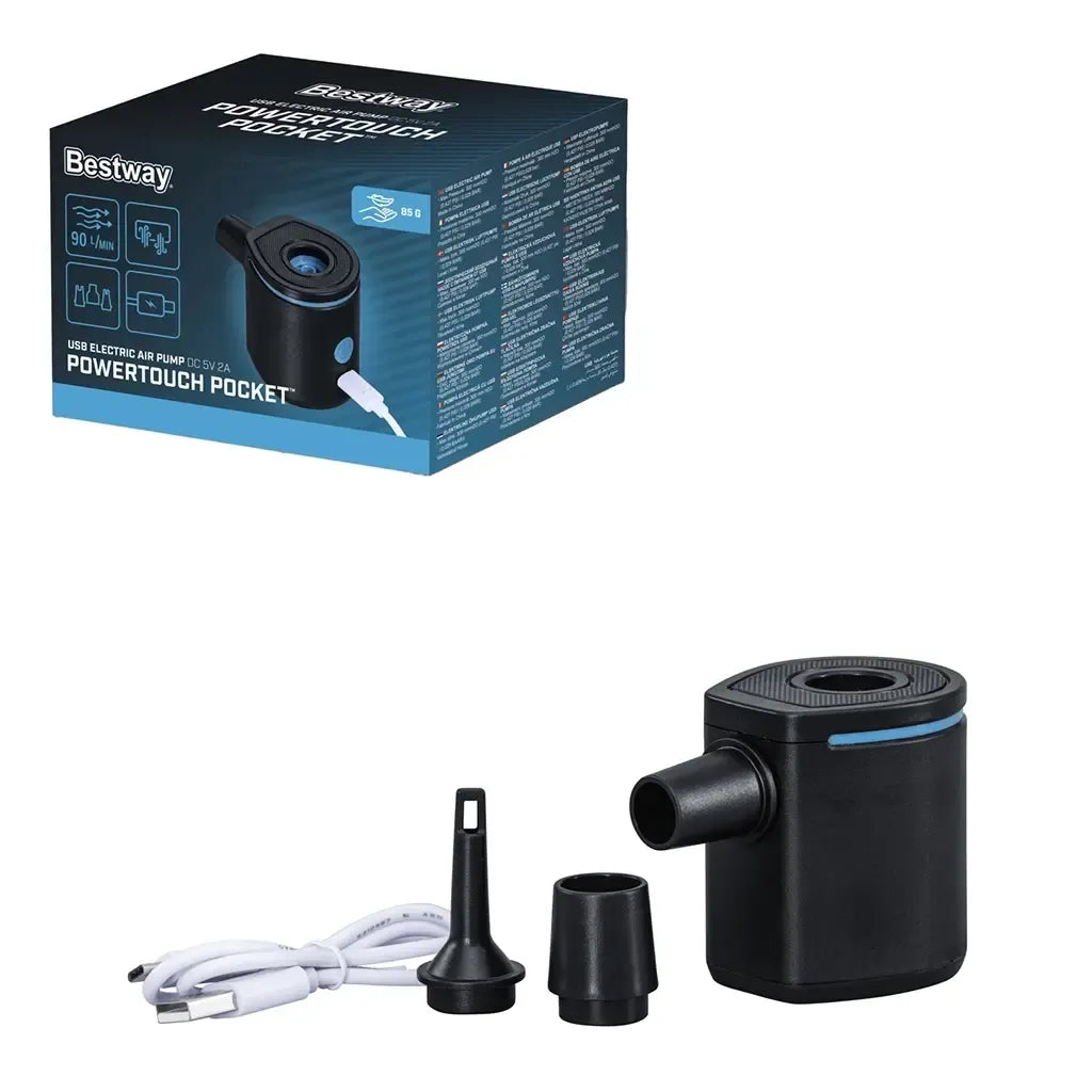 Elektrinė oro pompa Bestway PowerTouch Pocket su USB laidu, kompaktiška ir patogi naudoti oro pripūtimui ir išleidimui.