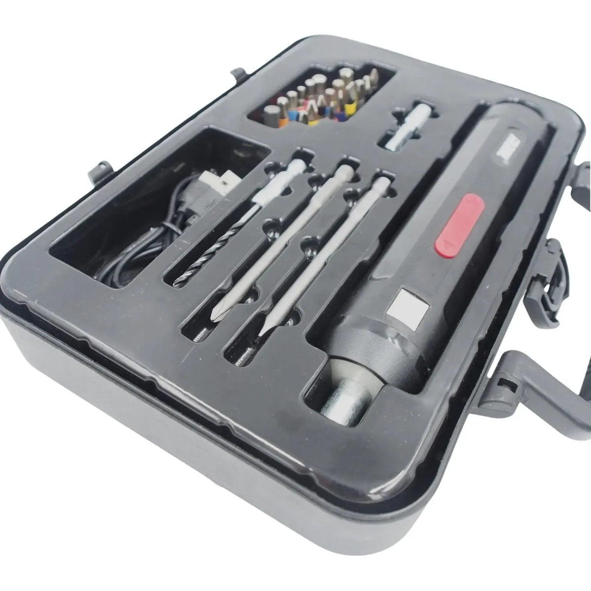Elektrinis atsuktuvas su antgalių rinkiniu, rankinis įrankis namų remonto darbams, sidabrinis su papildomais antgaliais.