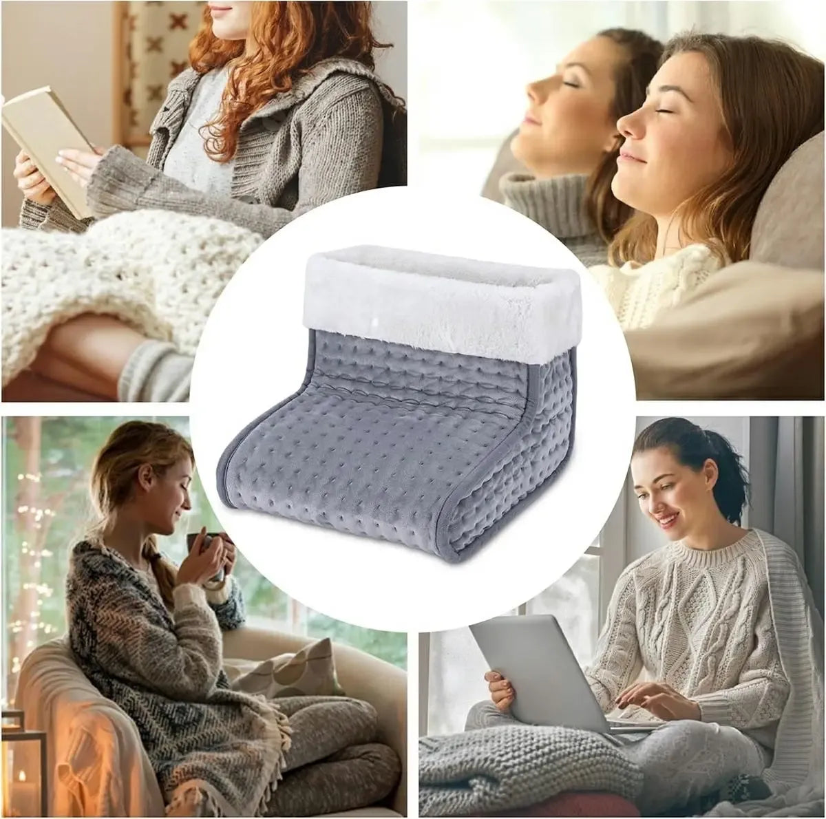 Elektrinis pėdų šildytuvas su minkšta apdaila ir reguliuojamu temperatūros nustatymu, patogus šilumai užtikrinti.